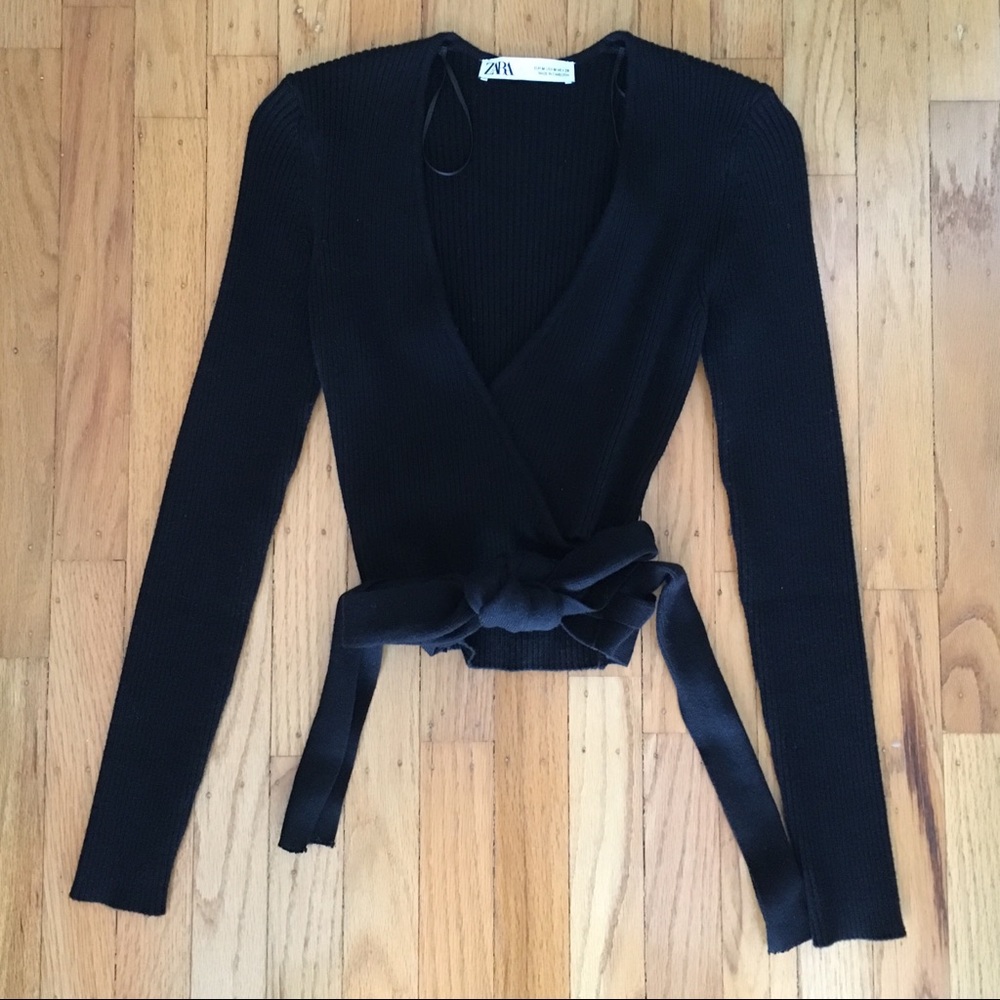 NWOT Zara Black Ribbed Wrap Front Top Small - Picture 1 of 2